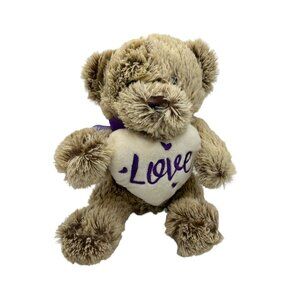 Dan Dee Shaggy Bear Plush Holding‎ Heart Love  Acrylic Eyes 12" Purple Bow